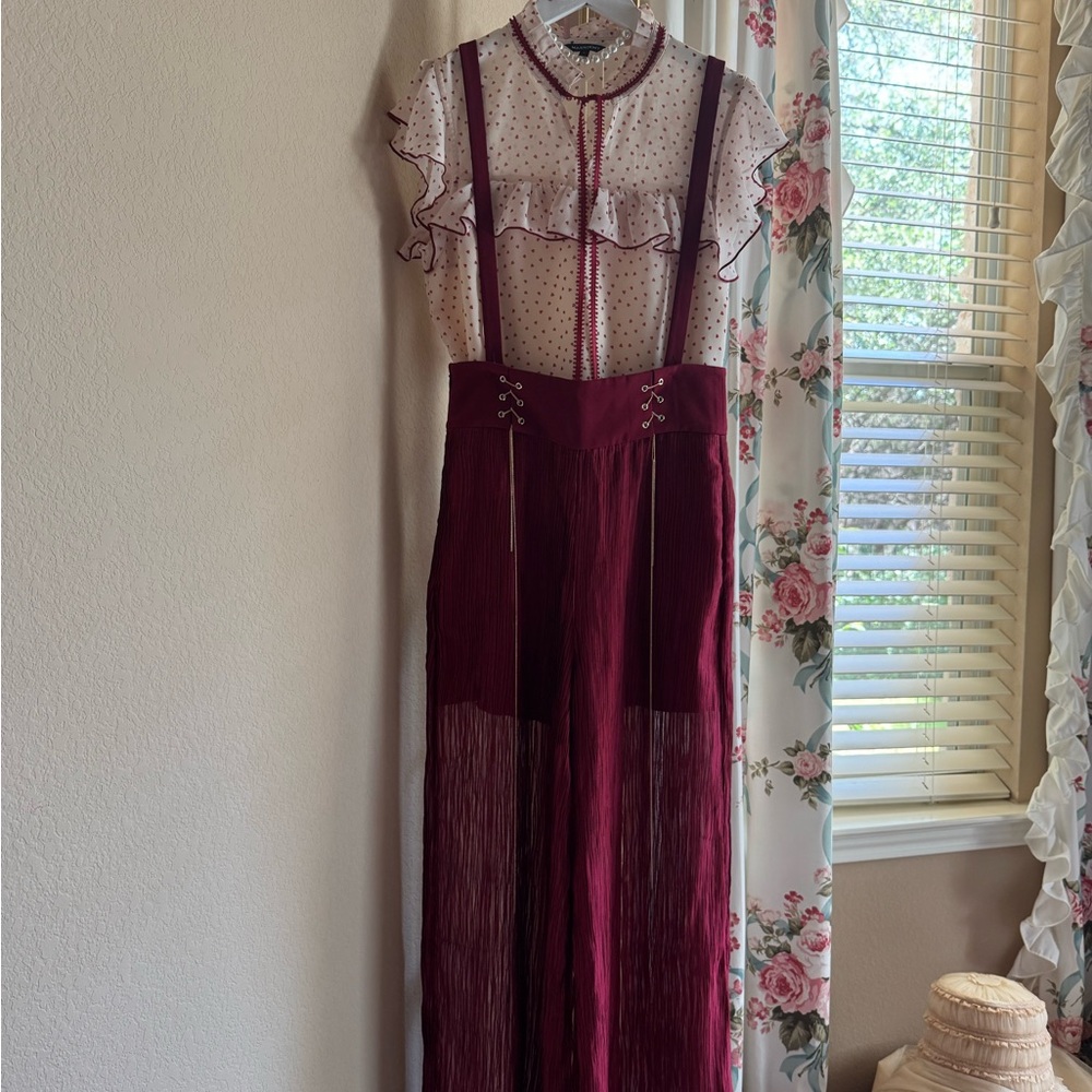 Cream and red polka dot ruffle top and pants with adjustable straps